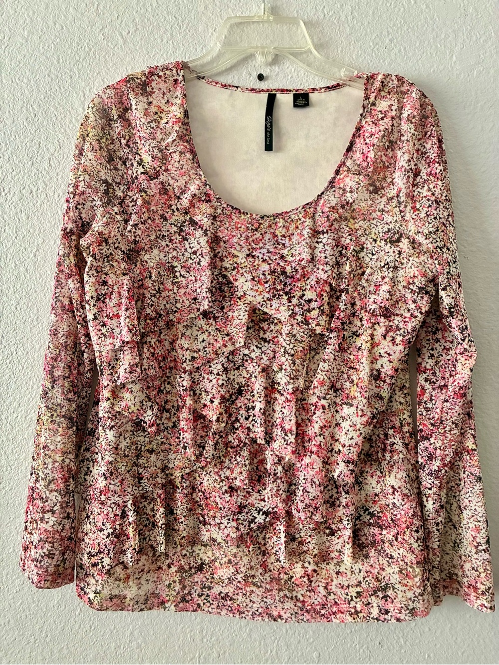VTG Skye's the Limit L Pink Poly Spandex Multi-Print Long Sleeve Scoop Neck Top - Picture 1 of 12